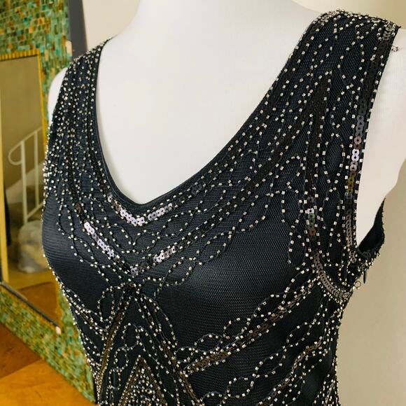 Vintage Size M Beaded Sequin Fringed Flapper Dress Black 20s Party - Picture 5 of 10
